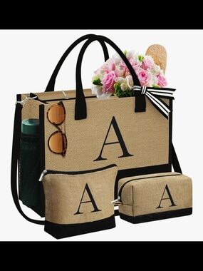 Monogram Letter "A" Natural Beige Canvas Tote Set with Black Trim